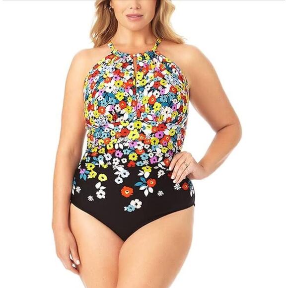 Anne Cole Plus 20W Flower Field Keyhole High‑Neck One‑Piece Swimsuit Swimwear - Picture 1 of 10